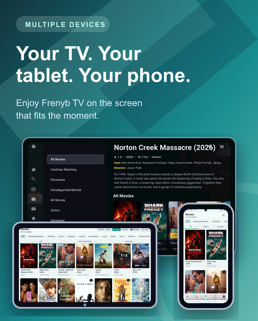 Frenyb TV on your television, tablet, and phone, with actual app screens fitted into each device