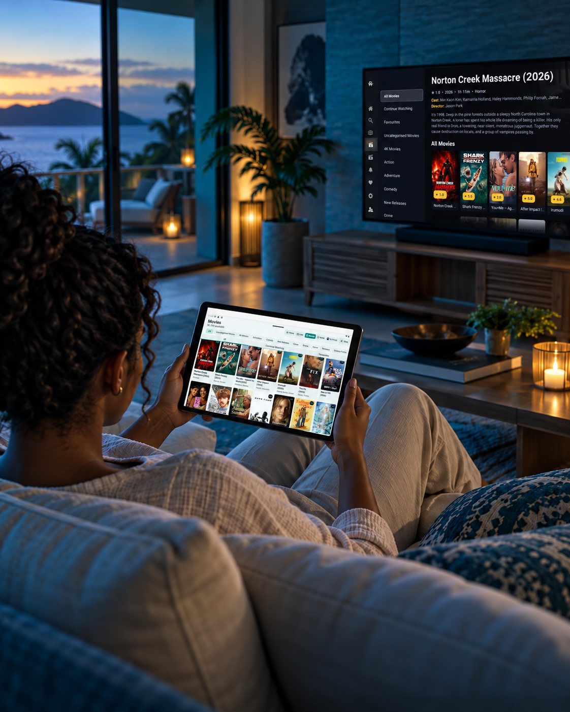 Frenyb TV Movies app shown on a tablet with the TV app behind it