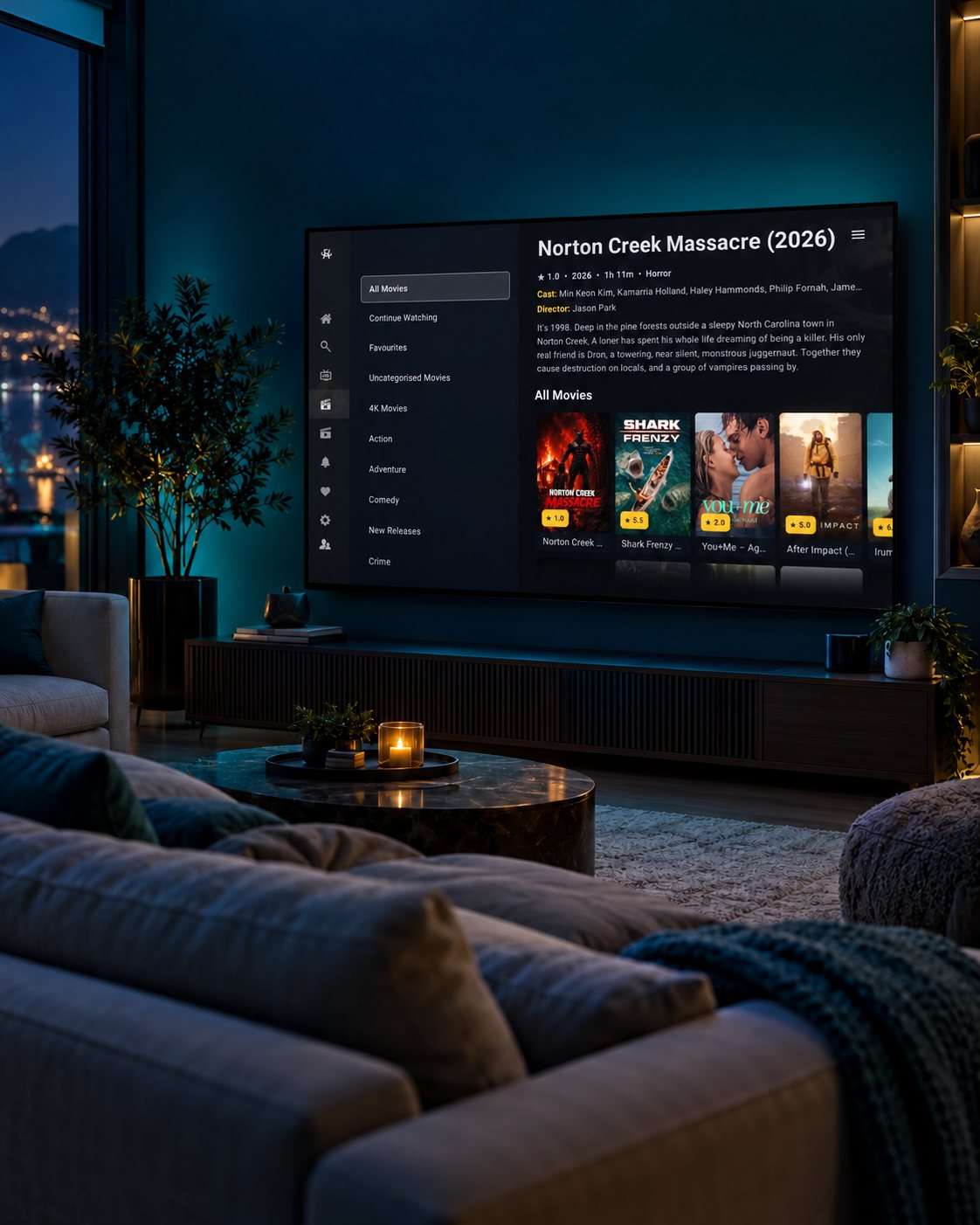 Frenyb TV movie browsing app displayed on a living-room television