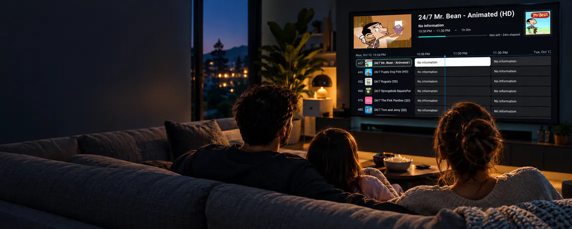 Family watching the Frenyb TV live guide together in their living room