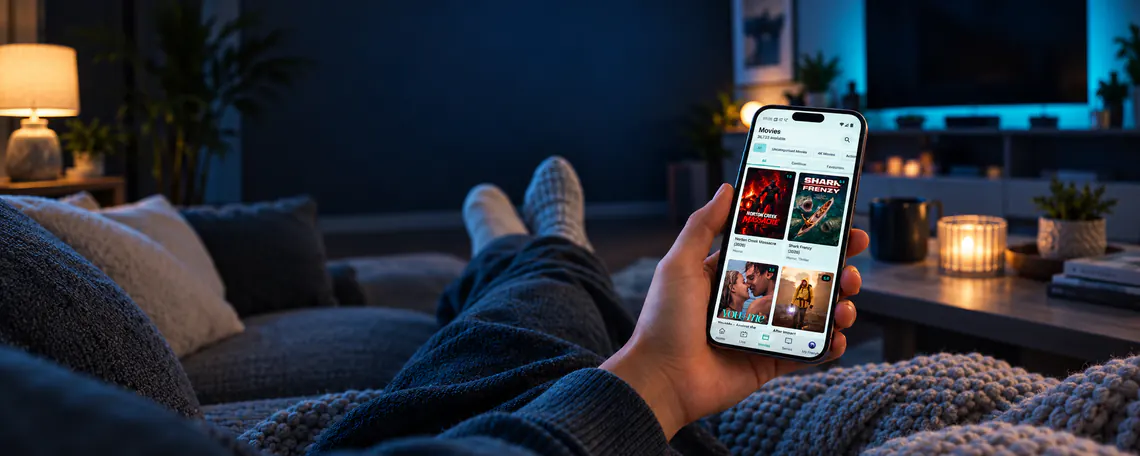 Person relaxing and browsing Frenyb TV movies on a phone