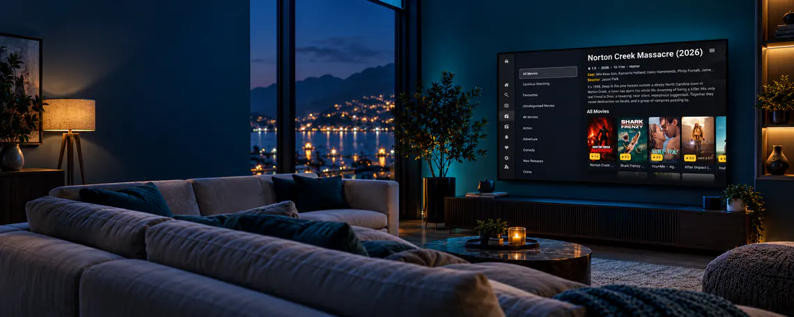 Frenyb TV movie library on a television in a welcoming living room