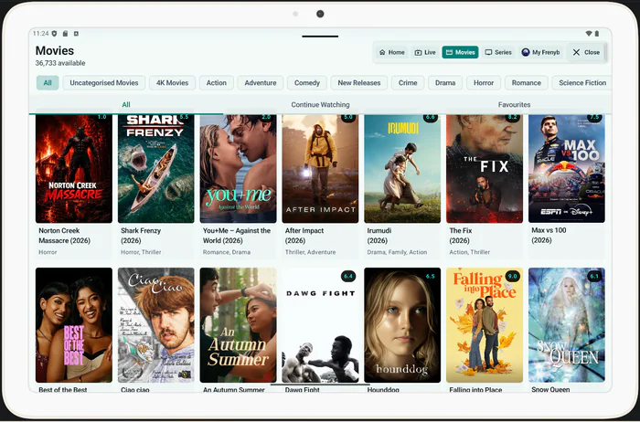 Frenyb TV movie browsing in a black Android tablet