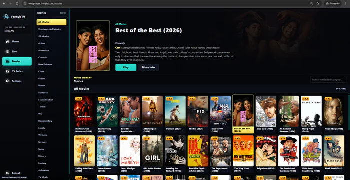 Actual Frenyb TV webplayer movie library on a desktop screen