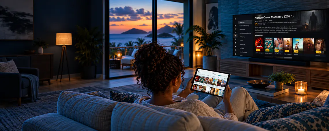 Woman browsing Frenyb TV on a tablet while the app is shown on her television